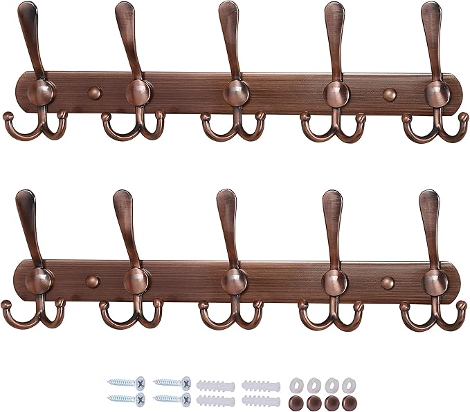 Dseap Wall Mounted Coat Rack - 5 Tri Hooks, Heavy Duty, Stainless Steel, Metal Coat Hook Rail for Coat Hat Towel Purse Robes Mudroom Bathroom Entryway (Antique Copper, 2 Packs)