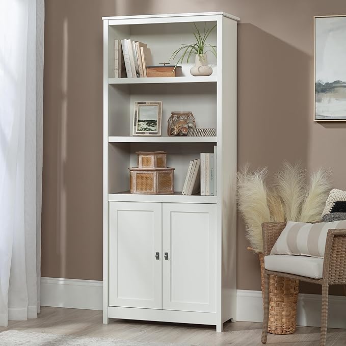 Sauder Cottage Road Book Shelf, Bookshelf with Storage, Library Bookcase with Doors and Adjustable Shelves, in Soft White Finish