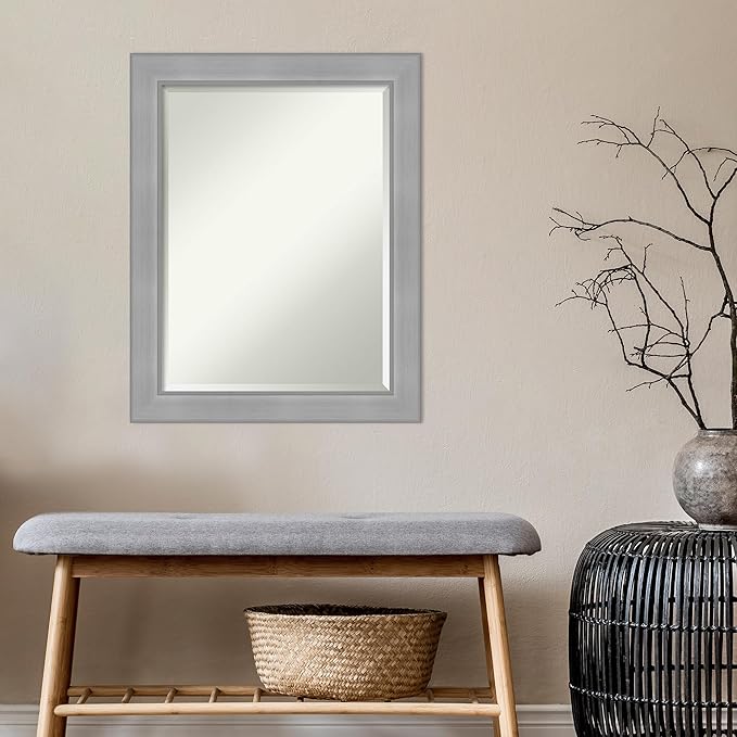 Amanti Art Silver Bathroom Mirror for Over Sink, 28x22 Vista Brushed Nickel Rectangle Vanity Mirror, Medium Casual Frame, Hangs Horizonally and Vertically, Bathroom Wall Decor, Beveled Edge