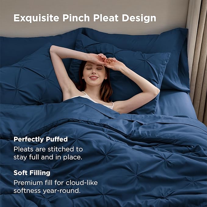 Bedsure Full Size Comforter Sets - Bedding Sets Full 7 Pieces, Pintuck Bed in a Bag Navy Blue Bed Set with Comforter, Sheets, Pillowcases & Shams