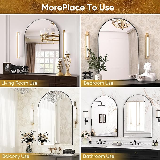 Antok Bathroom Mirror,36"x24" Wall Mirror, Decorative Mirrors Vanity Mirror Aluminum Alloy Frame Contemporary Hanging Mirror for Living Room Bathroom Entryway,Black,Arched