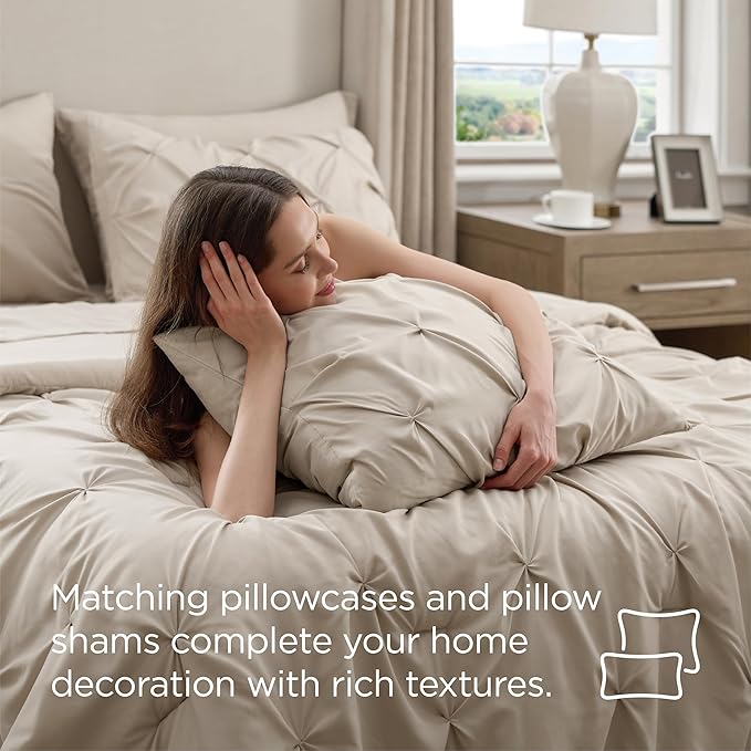 Bedsure King Size Comforter Set Beige - Bed in a Bag Bedding Set 7 Pieces, GentleSoft™ Pintuck Bed Set Gift for Family, Pinch Pleat Beige Comforter with Sheets, Pillowcases & Shams