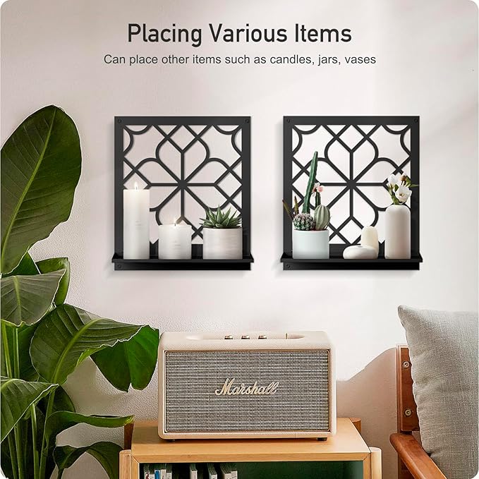 Black Metal Wall Candle Holder Set of 2, Minimalist Rustic Aesthetics Wall Art Decor for Living Room Bedroom Bathroom (11.8 x 13 in)