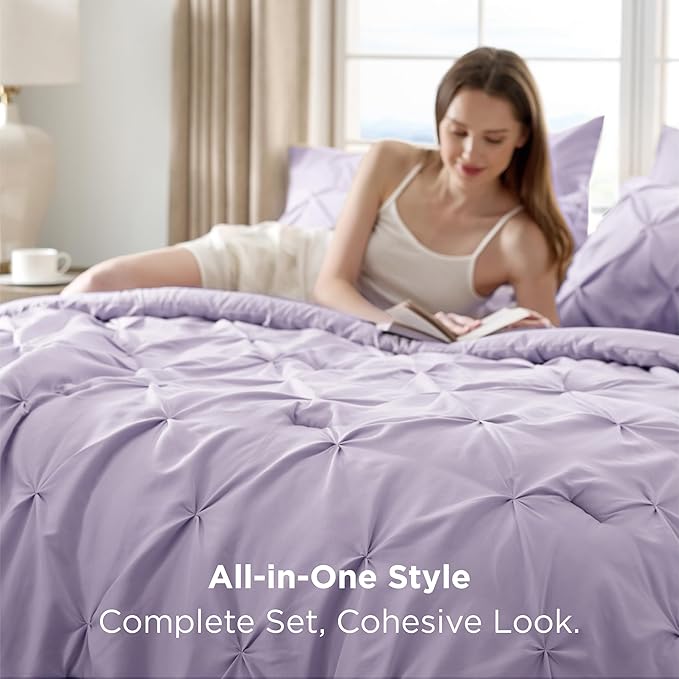 Bedsure King Size Comforter Set Light Purple - Bed in a Bag Bedding Set 7 Pieces, GentleSoft™ Pintuck Bed Set Gift for Family, Pinch Pleat Light Purple Comforter with Sheets, Pillowcases & Shams