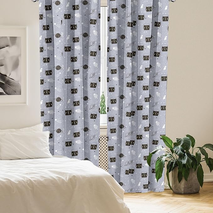 Ambesonne Outer Space Window Curtains, Astronaut Cats Exploring The Universe on Dotted Background, Lightweight Decor 2-Panel Set with Rod Pocket, Pair of - 28" x 63", Purple Grey
