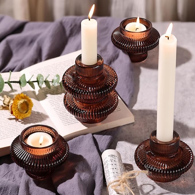 Brown Candlestick Holders Set of 10, Taper Candle Holders for Fall Wedding Table Centerpiece, Ribbed Glass Votive Candle Holders for Dinner Party Halloween Thanksgiving Decor