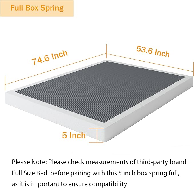 Box Spring Full 5 Inch Low Profile Heavy Duty Metal Mattress Foundation with Easy Clean Fabric Bed Cover, Non-Slip, No Noise, Easy Assembly