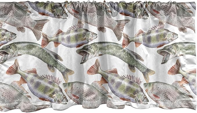 Ambesonne Fishes Window Valance Pack of 2, Watercolor Common Carp Perch and Bass Freshwater Animals Themed Seafood Drawing, Rod Pocket Curtain Valances for Kitchen Bedroom, 54" X 12", Pale Blue Grey