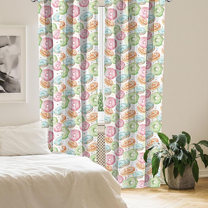 Ambesonne Watercolor Window Curtains, Delicious Donuts Pattern Various Flavors Sprinkles Stars Background, Lightweight Decor 2-Panel Set with Rod Pocket, Pair of - 28" x 63", Pale Fern