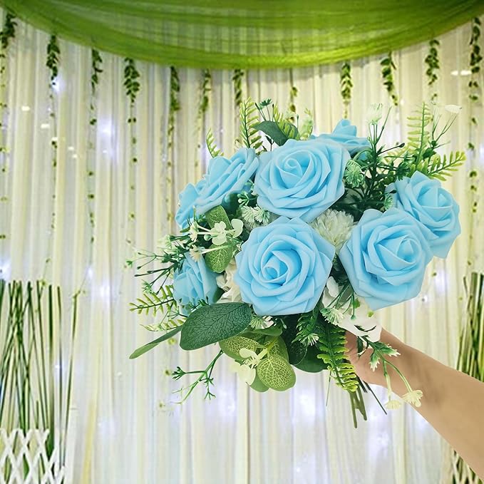 Artificial Rose Flowers 25pcs, Light Blue Foam Fake Rose Faux Flower for Wedding Bouquets Bridal Shower Centerpieces Floral Arrangements Home Decorations Party Backdrops Table