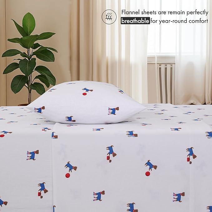RUVANTI Flannel Sheets King Size - 100% Cotton Brushed King Bed Sheets Set - Deep Pockets 16 Inches - All Seasons Breathable & Extra Soft - Warm & Cozy, 4 Piece, Puppy Playoff