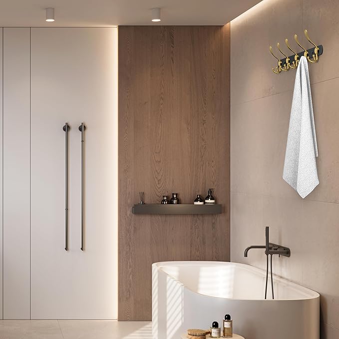 Coat Rack Wall Mount with 5 Tri Hooks, Stainless Steel 16 Inch – Black & Gold Matte Finish, Heavy Duty Wall Mounted Hook Rack for Coats, Hats, Towels, Scarfs, Robes, Bags, Entryway & Bathroom, 3 Pack