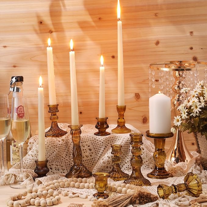 Mumufy 10 Pcs Glass Crystal Taper Candle Holders Clear Glass Candlestick Holder Fit 0.8 Inch Candles Crystal Decorative Candle Stand Centerpiece Table Wedding Dining Party (Classic,Brown)