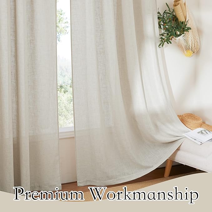 RYB HOME Semi Sheer Curtains - Natural Linen Burlap Rich Vertical Texture with Breathable Privacy Protection for Bedroom Kids Room Home Office, W 60 x L 108 inches, Angora, 1 Panel