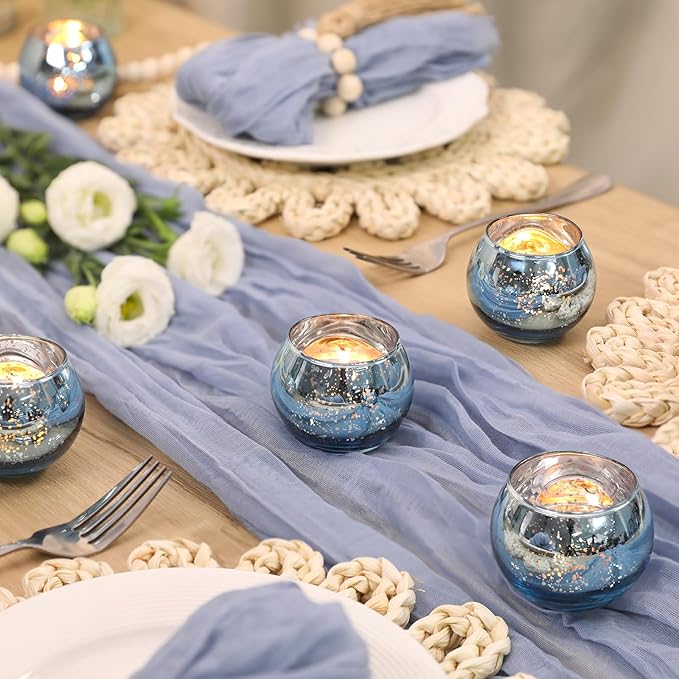 Volens 24PCS Blue Votive Candle Holders Bulk, Round Mercury Glass Candle Holders for Tealight - Blue Centerpiece Table Decorations for Wedding, Birthday, Party, Bridal Shower and Home Decor