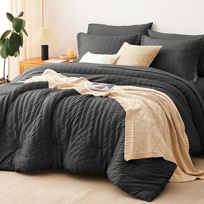 CozyLux King Size Comforter Set Dark Grey Seersucker 7 Pieces Bed in a Bag King Comforter Set with Sheets, Luxury Bedding Set with Down Alternative Comforter, Sheets, Pillowcases & Shams All Seasons