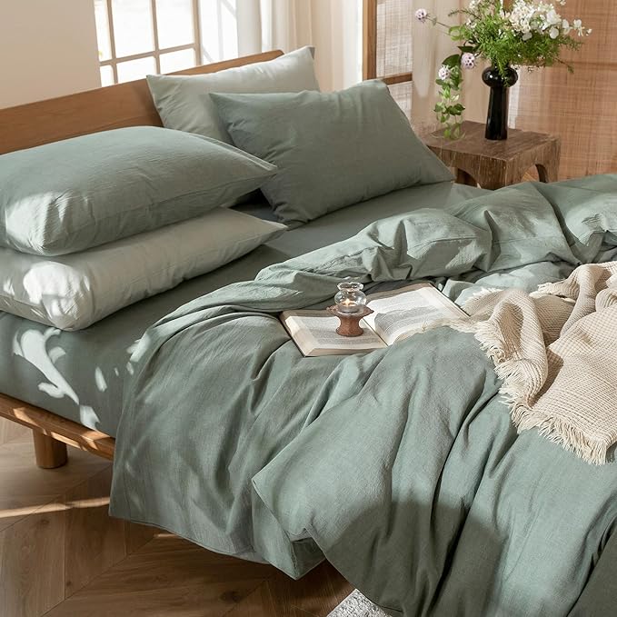 MooMee Bedding Duvet Cover Set 100% Washed Cotton Linen Like Textured Breathable Durable Soft Comfy (Heathered Green, Super King 108"x98")