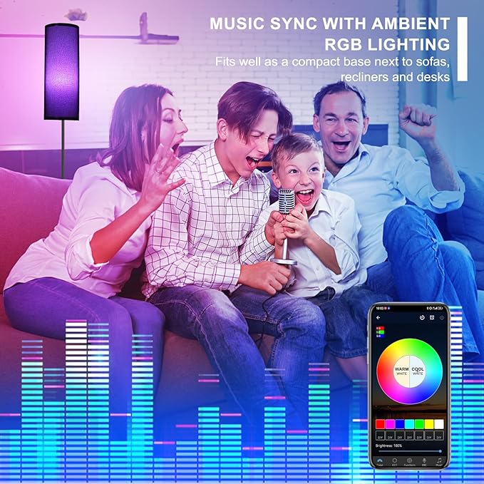 FRIDEKO HOME Floor Lamp, Color Changing Ambient Lighting for Living Room Bedroom, Standing Lamp with App & Remote Control, Tall Corner Lamp for Christmas Home Decor, 9W 800LM, Foot Switch, Black Shade