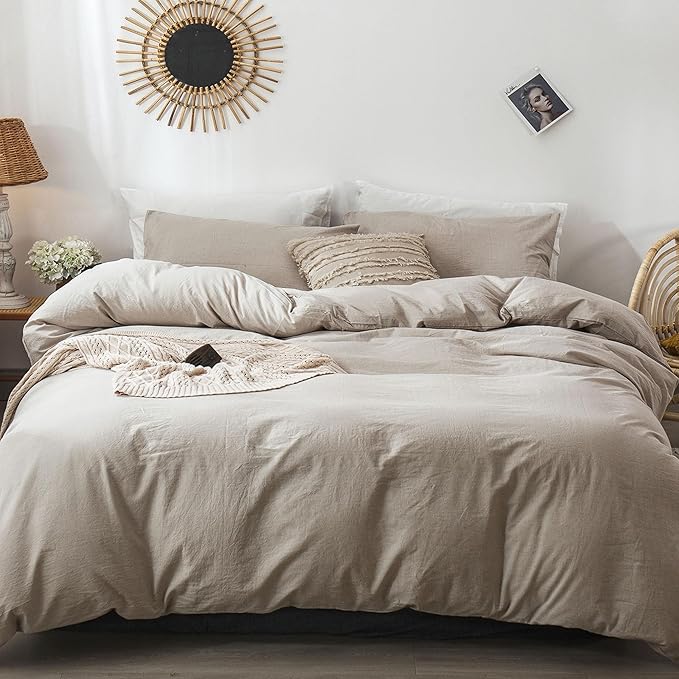 MooMee Bedding Duvet Cover Set 100% Washed Cotton Linen Like Textured Breathable Durable Soft Comfy (Heathered Tannish Linen Grey, Oversized Full 82"x86")