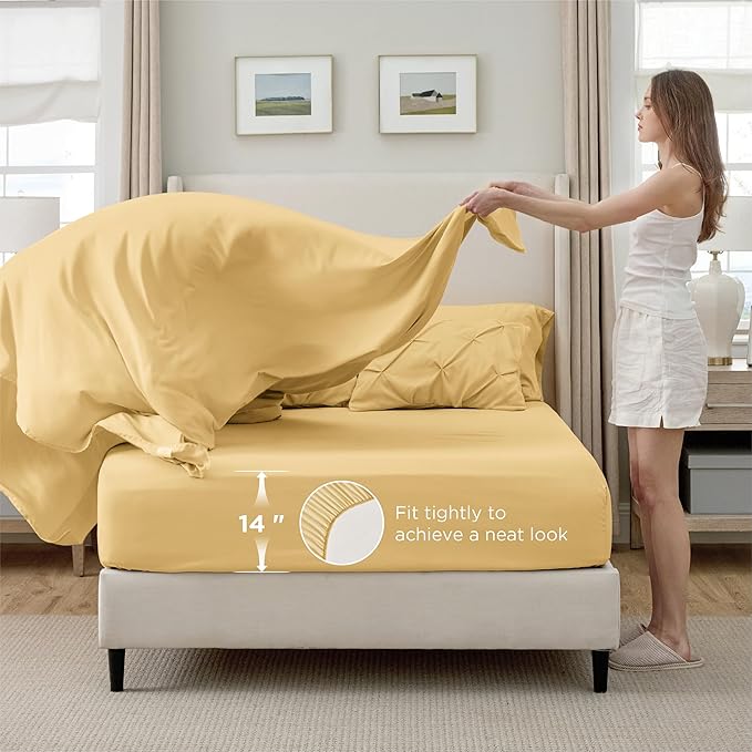 Bedsure California King Comforter Set Yellow - Bed in a Bag Cal King Bedding Set 7 Pieces, GentleSoft™ Pintuck Bed Set Gift for Family, Pinch Pleat Yellow Comforter with Sheets, Pillowcases & Shams