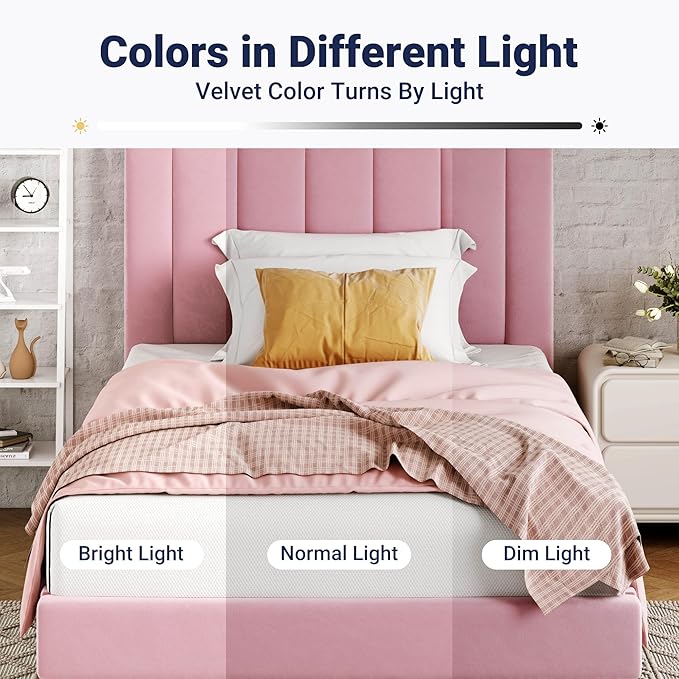 Allewie Twin Bed Frame/Velvet Upholstered Bed Frame with Vertical Channel Tufted Headboard/Strong Wooden Slats/Platform Bed Frame/Mattress Foundation/Box Spring Optional/Easy Assembly/Pink