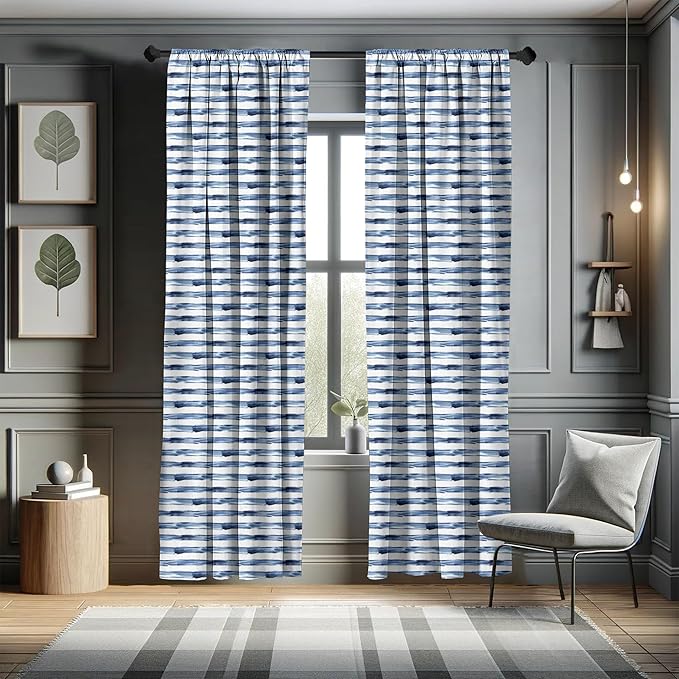 Ambesonne Harbour Stripe Window Curtains, Watercolor Style Paintbrush Stripes Sea Marine Life Lines Image, Lightweight Decor 2-Panel Set with Rod Pocket, Pair of - 28" x 95", Blue Night