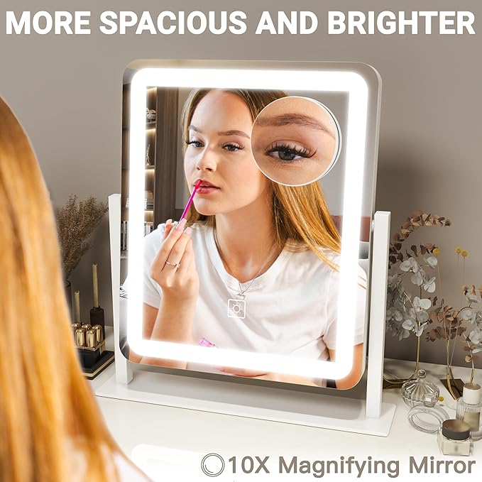 FENNIO Vanity Mirror with Lights - 15"x13" LED Lighted Makeup Mirror, Makeup Mirror with Lights, Touch Screen with 3-Color Lighting, Dimmable,10X Magnification Mirror for Vanity Desk Tabletop