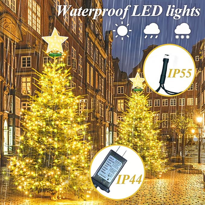 aneeway Christmas Tree Lights with Star Toppers, 410 LED Christmas Lights with 8 Modes & Memory Function, 6.6FT x 16 String Lights with Remote Control & Timing for Xmas Ornaments - Warm White