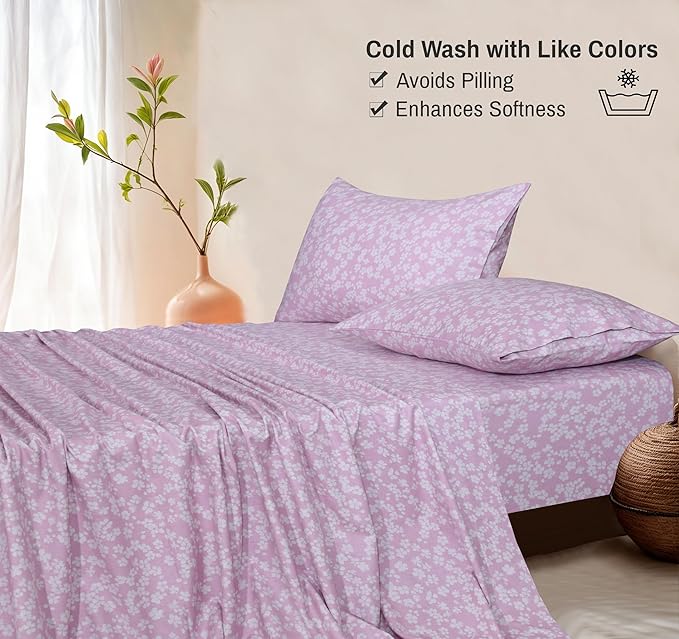 RUVANTI Flannel Sheets Full Size - 100% Cotton Double Brushed Bed Sheets Set, Deep Pockets 16 Inches, All Seasons Breathable & Extra Soft Full Sheets, Warm & Cozy, 4 Piece, Pink Flora