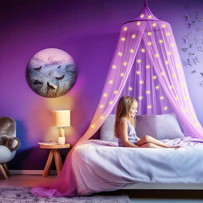 Purple Canopy for Girls Bed with Pre-Glued Glow in The Dark Unicorns - Princess Mosquito Net Room Decor - Kids & Baby Bedroom Tent with Galaxy Lights - 1 Opening Canopy Bed & Hanging Kit Included