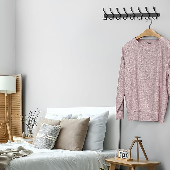 Coat Rack Wall Mount with 8 Tri Hooks, Stainless Steel 24 Inch – Black Matte Finish, Heavy Duty Wall Mounted Hook Rack for Coats, Hats, Towels, Scarfs, Robes, Bags, Entryway & Bathroom - 2 Pack