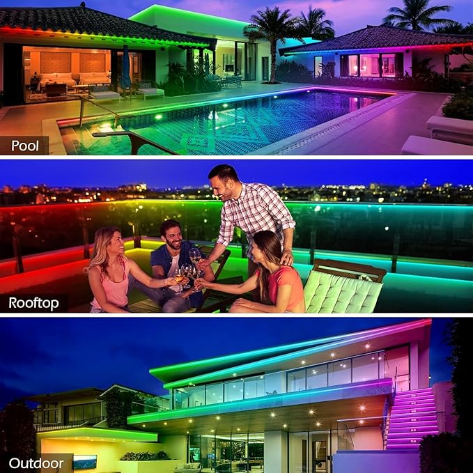 60ft Outdoor LED Strip Lights Waterproof,IP68 Outside Led Light Strips Waterproof with Bluetooth App Remote Control,Music Sync RGB Exterior Led Rope Lights,for Balcony,Deck,Roof,Garden,Pool (60FT)