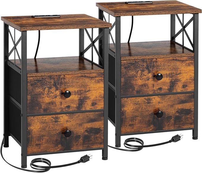 AMHANCIBLE Night Stand Set 2, Nightstand with Charging Station, End Tables Living Room with USB Ports and Outlets, Bedside Tables with Fabric Drawers for Bedroom, Rustic Brown HET05XBR