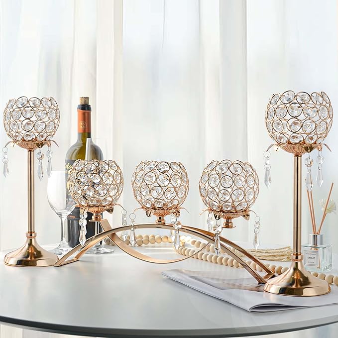 Set of 3 Gold Crystal Tea Light Candlestick Holders Flower Shape with Crystal Pendant Bowl Votive Metal Candle Holder for Table Centerpieces Wedding Home Decor (Set of 3, Gold)