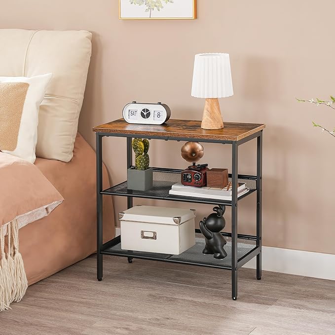 HOOBRO End Table, 3-Tier Narrow Side Table, Nightstand with 2 Flat or Slant Adjustable Shelves for Small Spaces, Hallway, Living Room, Bedroom, Sturdy, Easy Assembly, Rustic Brown and Black BF23BZ01G1