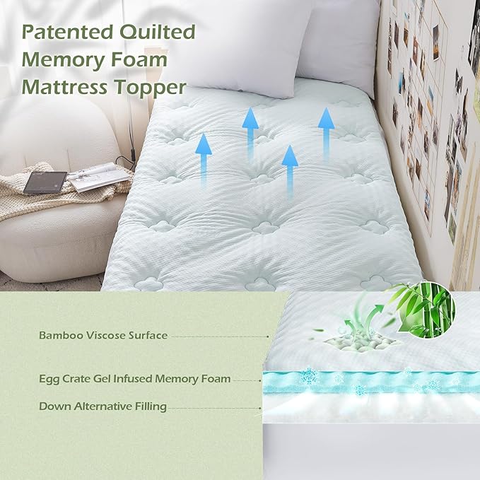 Hansleep Twin Mattress Topper Viscose Derived from Bamboo, Memory Foam Pillow Top Mattress Topper Twin with Deep Pocket, Breathable Mattress Pad for Back Pain Relief, 39" x 75", White