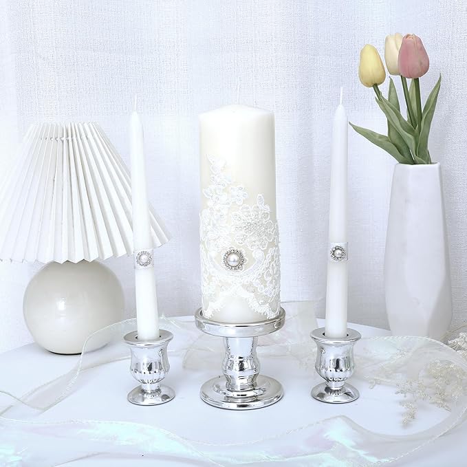 Silver Unity Candle Holder - Glass Candle Holders for Pillar Candles Taper Candles, Glass Candlestick Holders Set of 3, Clear Glass Candlestick Holder for Wedding Table Dinning Church Centerpiece