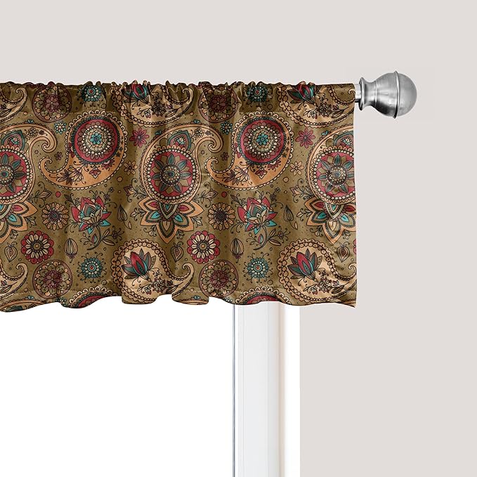 Ambesonne Paisley Window Valance Pack of 2, Vintage Inspired Multicolored Leaf Flower Motif in Earth Tones Print, Rod Pocket Curtain Valances for Kitchen Bedroom, 54" X 12", Army Green