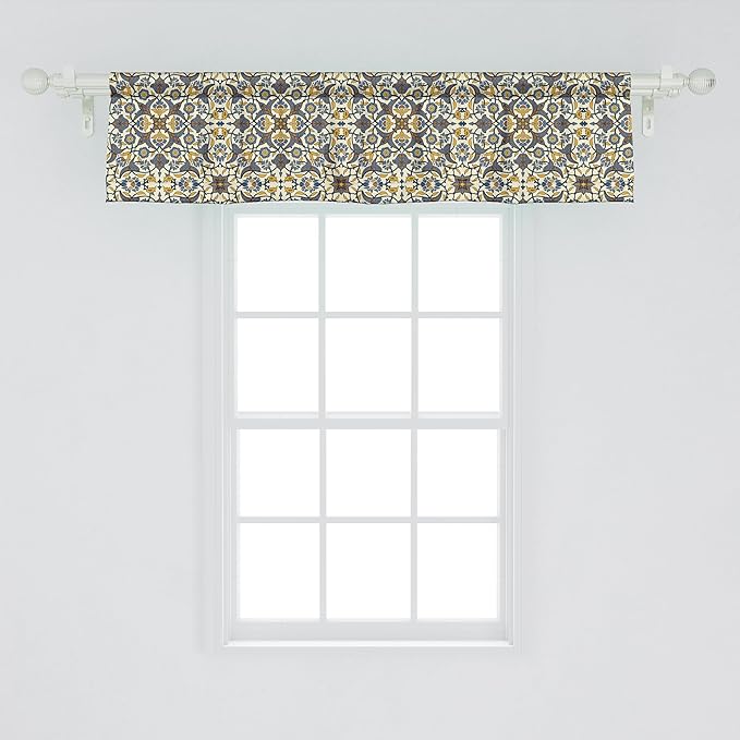 Ambesonne Turkish Pattern Window Valance Pack of 2, Flowers in and Traditional Style, Rod Pocket Curtain Valances for Kitchen Bedroom, 42" X 12", Earth Yellow Slate Blue