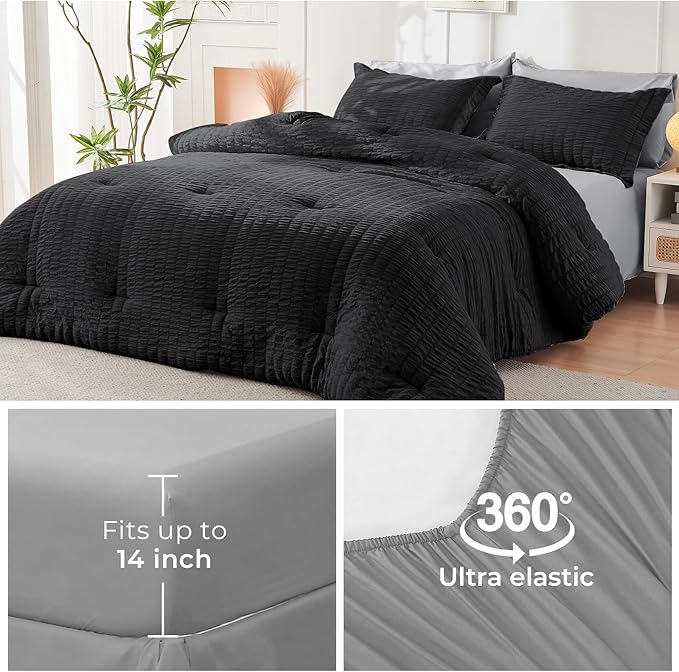HYMOKEGE Black/Light Grey King Size Comforter Set Seersucker 7 Pieces, All Season Luxury Bed in a Bag for Bedroom, Bedding Set with Comforter, Sheets, Pillowcases & Shams