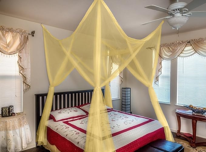 OctoRose Four Post Mosquito Net for Bed Canopy -Fits Queen, King, California King Beds-Indoor & Outdoor Use- Yellow