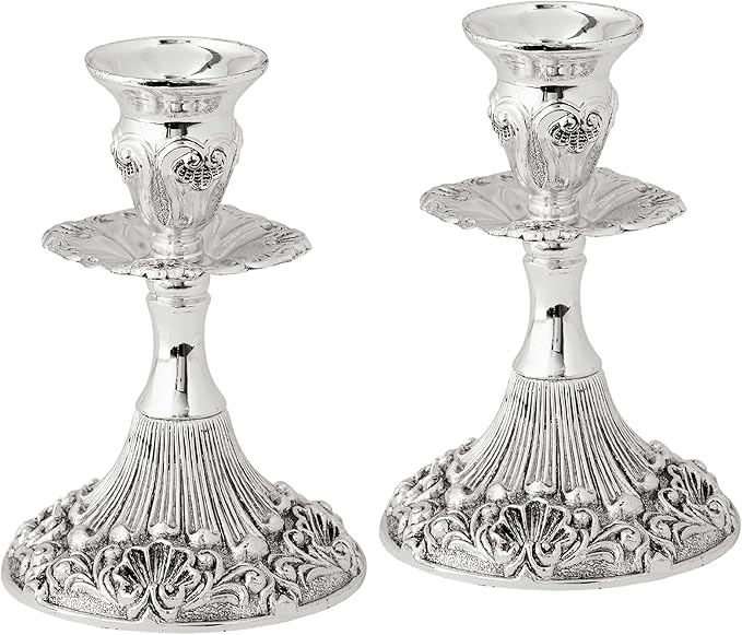 Silver Plated Candlesticks - 2 Pack Set - Pair of 5 Inch Ornate Candle Holders with Round Base and Floral Design