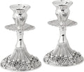 Silver Plated Candlesticks - 2 Pack Set - Pair of 5 Inch Ornate Candle Holders with Round Base and Floral Design
