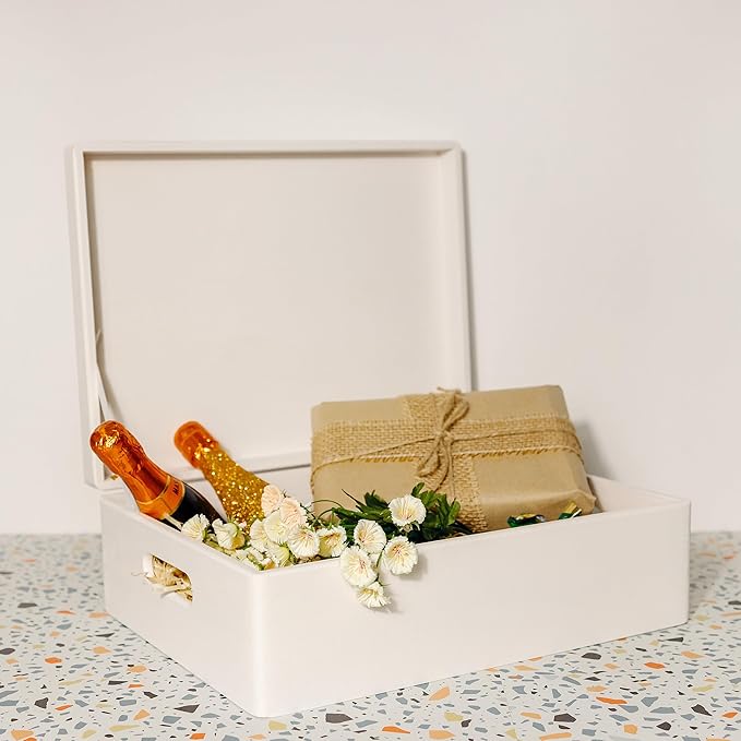 XL White Wooden Box Storage with Hinged Lid | 15.8x11.8x5.5in (+-0.5) | with Handles | Gift Box for Tool Dog Toy Shoes Clothes Kitchen Storage | Wood Keepsake Chest