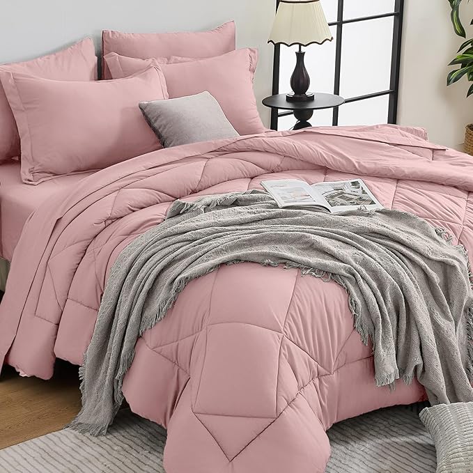 HEVUMYI Rose Gold King Comforter Set - 7-Piece All Season Bed in a Bag King, Ultra Soft Bedding Set with Comforter, Flat Sheet, Fitted Sheet, Pillowcases, Pillow Shams