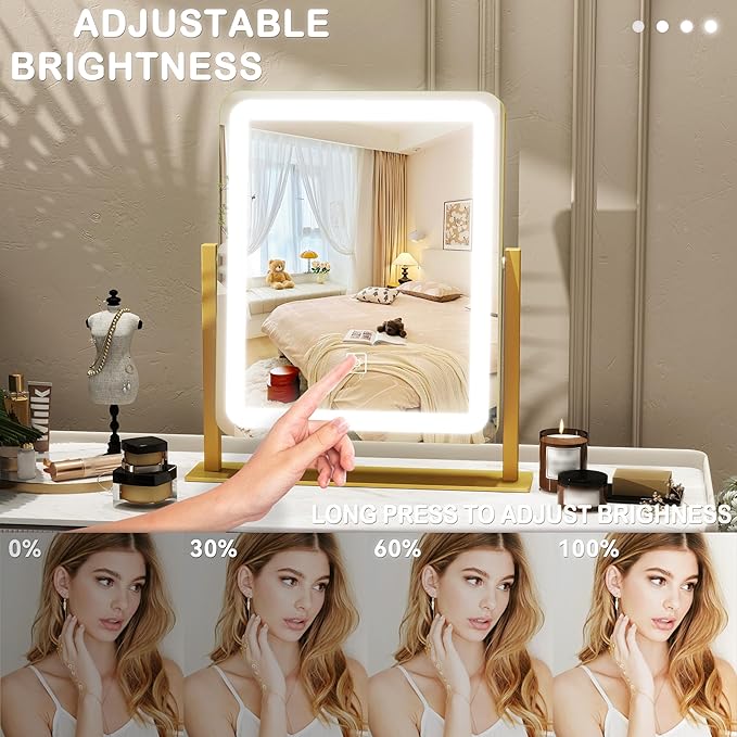Vanity Mirror with Lights, 12.6"×15" LED Makeup Mirror, Lighted Makeup Mirror with Lights, Smart Touch Control Dimmable 3 Modes Light, Lighted Up Mirror for Makeup Desk, Gold