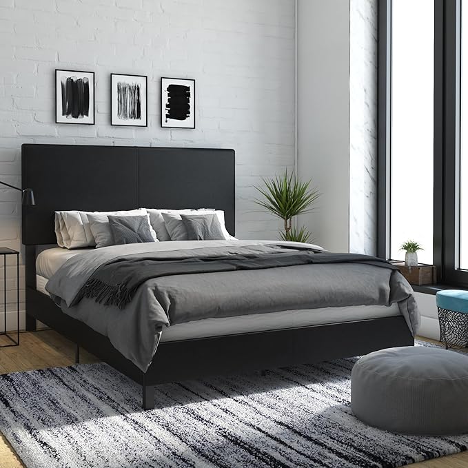 DHP Janford Upholstered Bed, Black Faux Leather, Queen