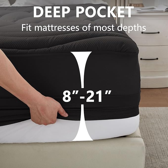 Twin XL Mattress Pad Waterproof, Soft Cooling Mattress Topper for College Dorm, Extra Long Twin Mattress Cover Protector Washable, Deep Pocket 8-21" (39x80 inch, Black)