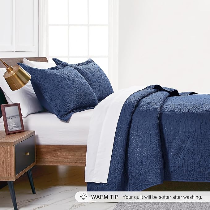 Love's cabin Quilts for Queen Bed Navy Blue Bedspreads - Soft Bed Summer Lightweight Bedspread Comforter - Modern Style Coin Pattern Coverlet for All Season - 3 Pieces (1 Quilt, 2 Pillow Shams)