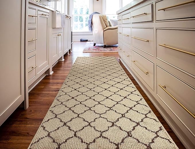Custom Size Modern Runner Rug Carpet for Hallway Entryway Foyer Kitchen, Slip Resistant Latex Rubber Backed 31 inch Wide X Customized Length, Trellis Beige, 31 inch X 29 feet